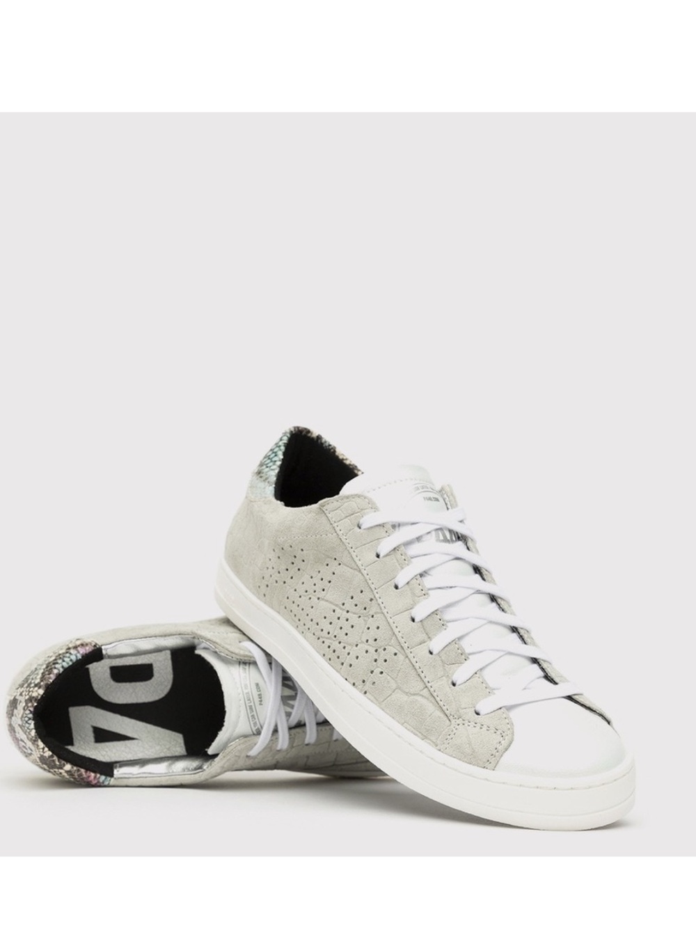 P448 John Python Gray White Leather Iridescent Low Top Sneakers. Size 38 EU.